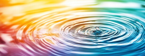 Aufkleber - Vibrant Water Droplet Creating Ripples on Colorful Surface Reflecting Light and Creating Calm Natural Atmosphere