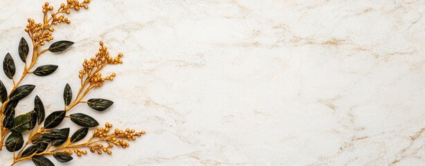 Poster - Elegant golden branch with leaves on textured marble surface for seasonal decoration and design projects