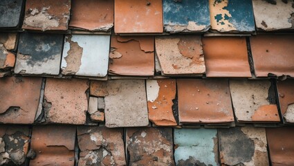 Wall Mural - Old damaged roof tiles in various colors with peeling paint on a residential structure, showing texture and deterioration. Copy Space