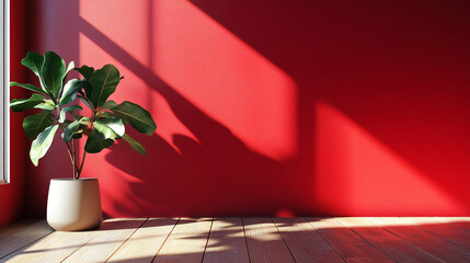 Wall Mural - Interior featuring a green potted plant against a vibrant red wall, illuminated by natural light streaming through a window creating dynamic shadows.