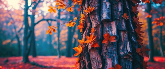 Poster - Autumn forest scene with vibrant orange leaves on tree trunk and ground covered with fallen foliage Copy Space