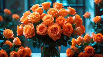 Wall Mural - vibrant bouquet of orange roses in a clear vase with soft background and green leaves detailed with 
