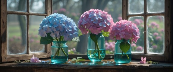 Fototapete - Colorful hydrangea flowers in glass vases on wooden windowsill with blurred garden background and copy space for text
