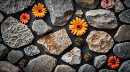 Fototapete - Arrangement of various stones and colorful flowers on dark surface with natural textures and earthy tones, Copy Space