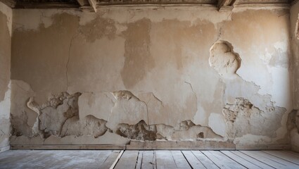 Sticker - Old textured wall with peeling paint and cracks in a vacant room featuring wooden floor and rustic architecture, Copy Space