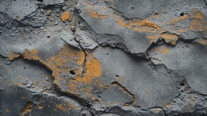 Wall Mural - Textured abstract wall surface with cracks and orange paint spots on gray concrete background Copy Space