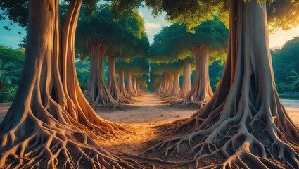 Poster - Majestic avenue of large trees with prominent roots under soft sunlight in a serene forest setting with vibrant greenery and clear path