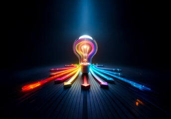 Aufkleber - A vibrant light bulb emits colorful rays on a dark surface.  Illuminating paths radiate outwards, symbolizing ideas and bright solutions emerging from a central point of inspiration.