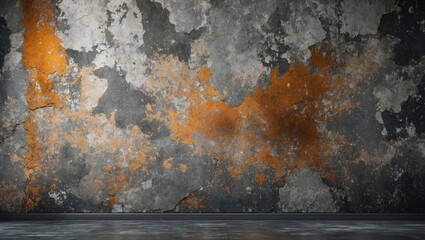 Wall Mural - Grungy textured wall with orange and gray peeling paint and cracks in an empty room with wooden floor and dramatic lighting Copy Space