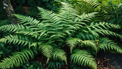 Canvas Print - Lush green fern leaves with intricate patterns in a natural outdoor setting with soft focus and rich foliage ambiance