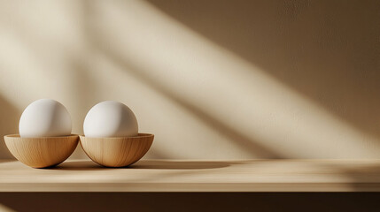 Wall Mural - Two minimalist spheres in wooden bowls on a shelf, bathed in gentle light, evoke tranquility and simple beauty. Aesthetic and stylish scene.