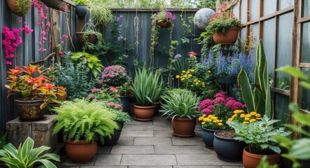 Canvas Print - Lush garden with various potted plants and flowers in a serene backyard setting surrounded by wooden fence and greenery Copy Space