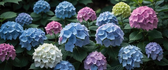 Poster - Colorful hydrangea flowers in various shades of blue, pink, white, and yellow surrounded by green foliage natural garden setting.