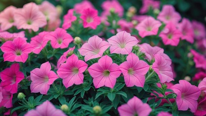 Fototapete - Colorful blooming petunias in various shades of pink with green foliage background gardening flowers Copy Space