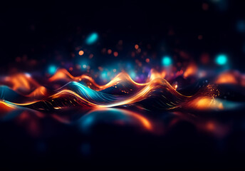 Aufkleber - Abstract waves of orange and blue light undulate across a dark plane, creating a vibrant and dynamic visual. Bokeh orbs add depth and a sense of ethereal movement.