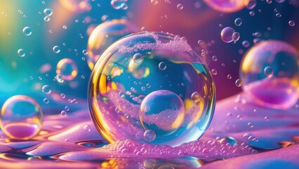 Wall Mural - Colorful soap bubbles floating on a reflective surface with a vibrant abstract background and soft focus Copy Space