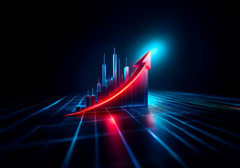 Poster - A vibrant red arrow ascends dynamically over digital bar graphs on a blue grid against a dark backdrop, symbolizing progress and positive trends in a modern, technological context.