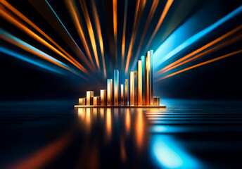 Aufkleber - Dynamic golden bar graph visualization, illuminated by blue and orange light streaks in a dark environment.