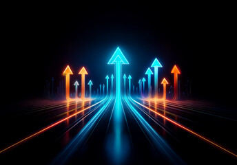 Aufkleber - Futuristic neon arrows in blue and orange hues point upwards against a black backdrop, symbolizing progress and forward direction with illuminated paths.