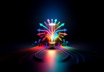Poster - Vibrant light bulb shape formed by colorful arrows radiating from a central point. Rays diverge in different directions on a dark backdrop.