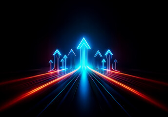 Leinwandbilder - Glowing blue arrows point upwards on a black backdrop. Red and blue light trails create a sense of forward motion and progress in an abstract, futuristic design.