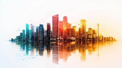 Leinwandbilder - Vibrant Modern Cityscape with Reflective Water and Abstract Digital Elements