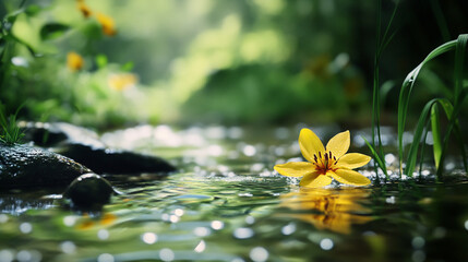 Sticker - A serene stream scene with a vibrant yellow flower gently floating on the clear water, surrounded by lush greenery and tranquility.