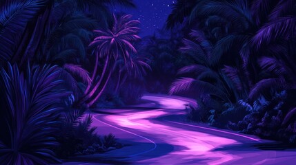 Wall Mural - Nighttime tropical river, palm trees, starry sky, jungle background, vacation poster