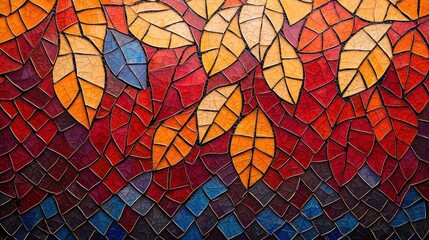 Poster - Colorful Mosaic Leaves Design in Warm Autumn Shades with Textured Background for Artistic Home Decor