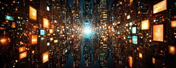 Poster - Futuristic Digital Cityscape with Glowing Screens and Bright Lights Creating a Sense of Depth and Energy