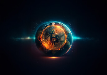 Aufkleber - A glowing digital globe displays a bitcoin symbol at its center, representing the futuristic intersection of global connectivity and digital currency.