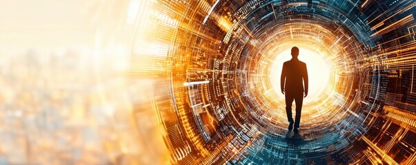 Aufkleber - Businessman Walking Towards Bright Future in Abstract Light Tunnel with Digital Elements Representing Innovation