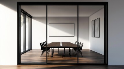 Poster - Modern Conference Room with Glass Walls and Minimalist Design Featuring Long Wooden Table and Chairs