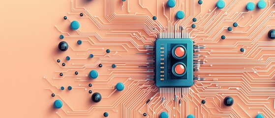 Leinwandbilder - Abstract computer chip illustration with circuit board lines and colorful spheres on a soft peach background