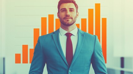 Aufkleber - Confident Businessman in Suit with Graphs Showing Growth and Success in Modern Office Environment