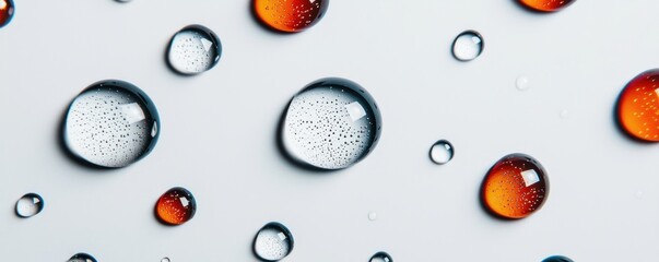 Poster - Water droplets on smooth surface with varying sizes and colors for creative and artistic backgrounds