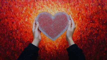 Aufkleber - Hands Holding Sparkling Heart Against Vibrant Red Background with Glittering Texture