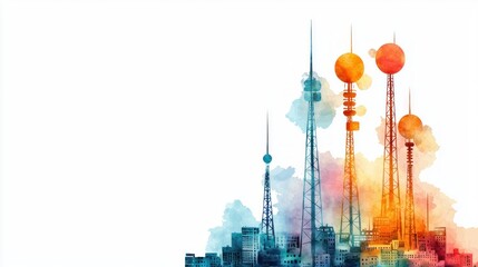 Poster - Vibrant Watercolor Illustration of City Skyline with Radio Towers and Communication Equipment in Soft Pastel Colors