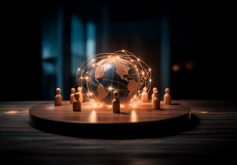 Leinwandbilder - Illuminated globe encircled by glowing network and wooden figures. Representing global connections and communication in a dramatic, dark setting.