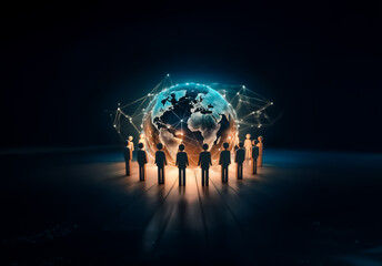 Fototapete - A group of people stand in a circle looking at a bright globe with network lines in a dark space. Represents global connection and teamwork.