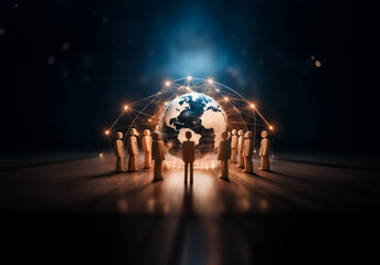 Fototapete - Silhouettes of people encircling a glowing globe with interconnected nodes in a dark space, symbolizing global networks and modern communication.