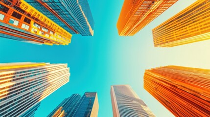 Aufkleber - Stunning Vertical View of Tall City Skyscrapers Under Bright Blue Sky at Sunrise or Sunset