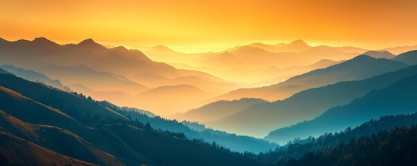 Wall Mural - A stunning mountain landscape at sunset, featuring layered hills shrouded in mist and bathed in warm golden light.