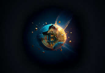 Aufkleber - A sphere with a bitcoin symbol is glowing brightly, radiating light rays and surrounded by floating particles against a dark cosmic backdrop.