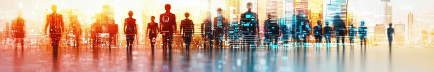 Leinwandbilder - Silhouetted Figures Against Urban Skyline with Vibrant Colors and Glowing Lights in a Dynamic City Setting