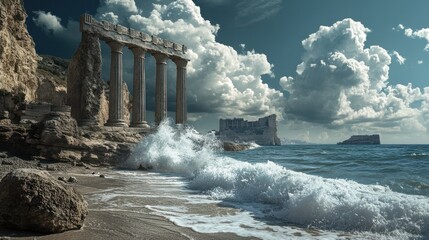 Wall Mural - Coastal Ruins Waves Crashing on Ancient Temple, Dramatic Sky