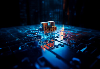 Poster - A metallic abstract object is illuminated with blue light and sits on a detailed circuit board, representing modern digital technology and futuristic concepts.