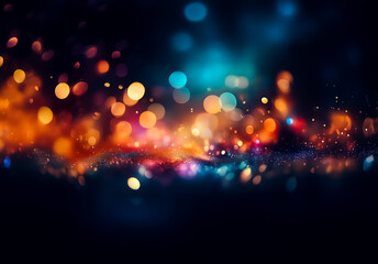 Poster - Abstract image of blurred lights with orange, blue, and purple sparkles creates a dreamy and vibrant bokeh effect against a dark backdrop.