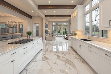 Wall Mural - Modern kitchen with marble countertops and large windows providing natural light in a contemporary home setting