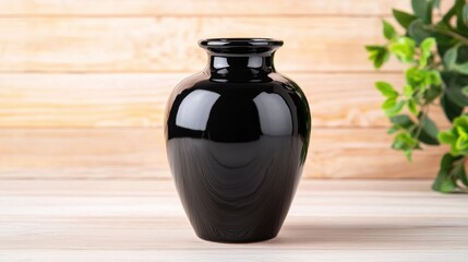 Aufkleber - Elegant Black Vase with Smooth Finish Set Against a Natural Wood Background for Home Decor Inspiration